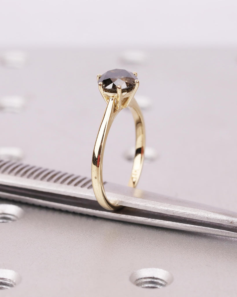 Round Solitaire Salt And Pepper Diamond Engagement Ring, 14K Solid Gold Vintage Wedding Ring, 6 Prong Cathedral Setting, Unique Vintage Ring image #9