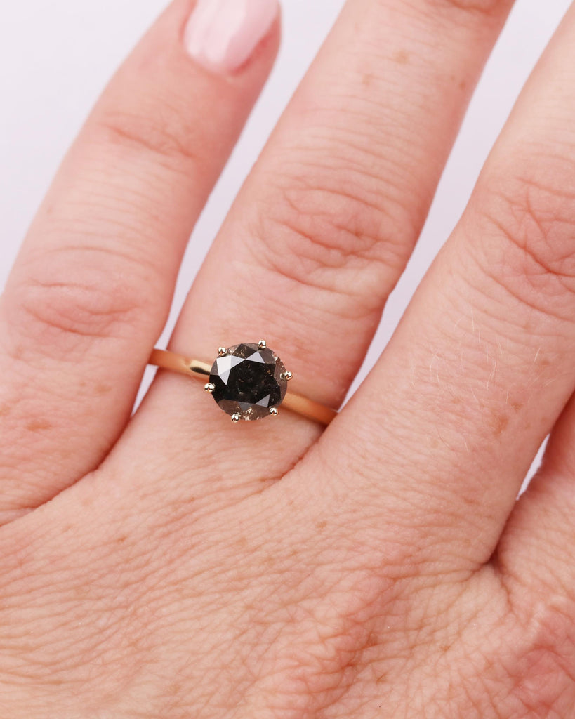 Round Solitaire Salt And Pepper Diamond Engagement Ring, 14K Solid Gold Vintage Wedding Ring, 6 Prong Cathedral Setting, Unique Vintage Ring image #2