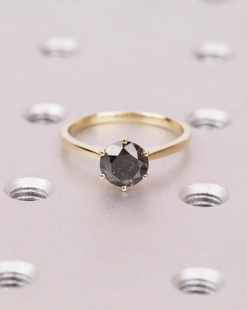 Round Solitaire Salt And Pepper Diamond Engagement Ring, 14K Solid Gold Vintage Wedding Ring, 6 Prong Cathedral Setting, Unique Vintage Ring image #1