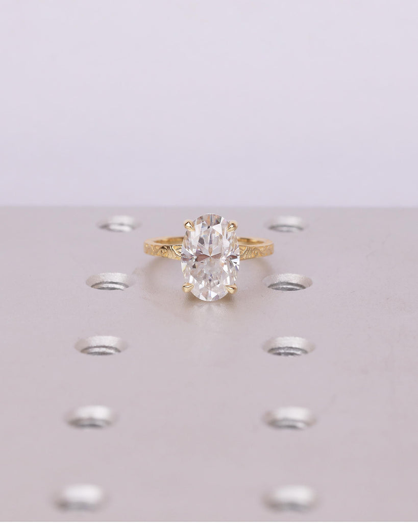 Vintage Oval Lab Created Diamond Engagement Ring, 18k Yellow Gold Scrollwork Band, Solitaire Wedding Rings for Women, Anniversary Jewelry image #16
