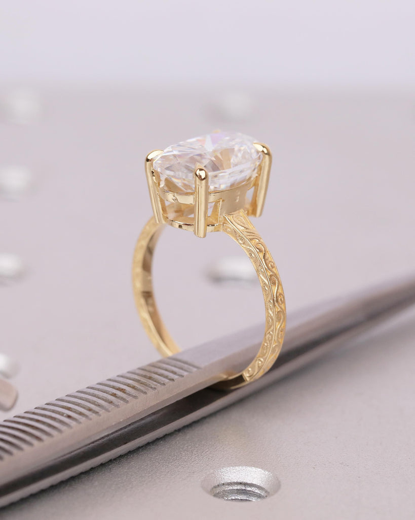 Vintage Oval Lab Created Diamond Engagement Ring, 18k Yellow Gold Scrollwork Band, Solitaire Wedding Rings for Women, Anniversary Jewelry image #5