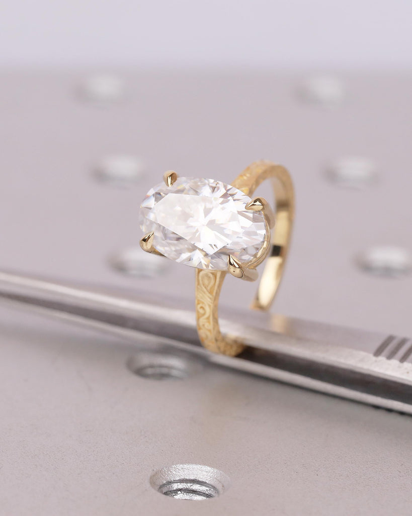 18k Yellow Gold Solitaire Moissanite Ring, Oval Engagement Ring, Filigree Band, Talon Prong Setting image #12