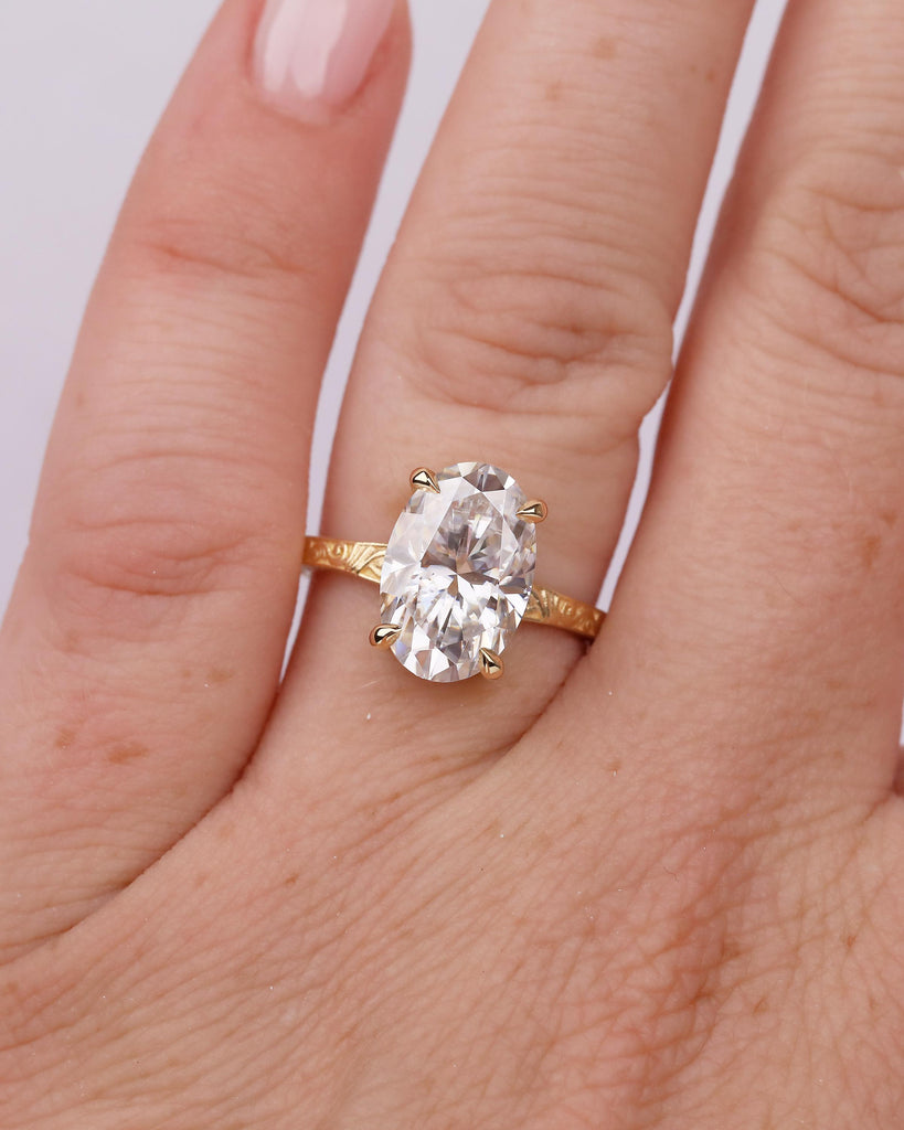 18k Yellow Gold Solitaire Moissanite Ring, Oval Engagement Ring, Filigree Band, Talon Prong Setting image #11