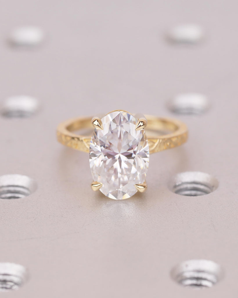 Vintage Oval Lab Made Diamond Engagement Ring, Minimalist 18k Yellow Gold Engraved Ring image #19