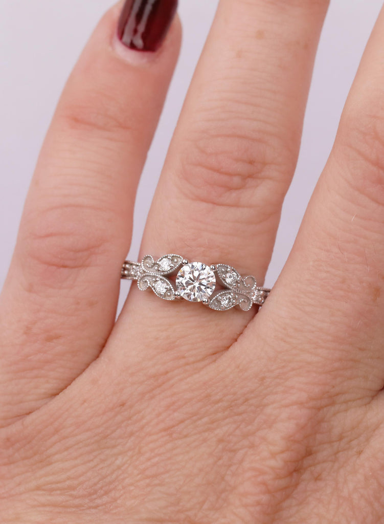Round Cut Vintage Art Deco Butterfly Wedding Ring, Lab Grown Diamond, Nature Inspired Milgrain Anniversary Ring, Antique Style Promise Ring image #3