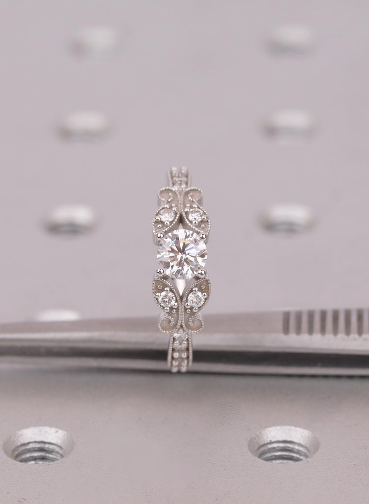 Vintage Moissanite Engagement Ring, Round Moissanite Ring White Gold Butterfly Wedding Ring, Art Deco Promise Ring, Unique Bridal Ring Gift image #8