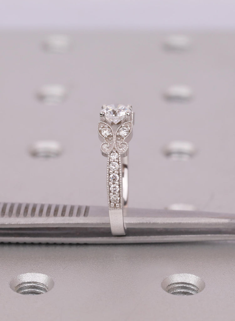 Vintage Moissanite Engagement Ring, Round Moissanite Ring White Gold Butterfly Wedding Ring, Art Deco Promise Ring, Unique Bridal Ring Gift image #11