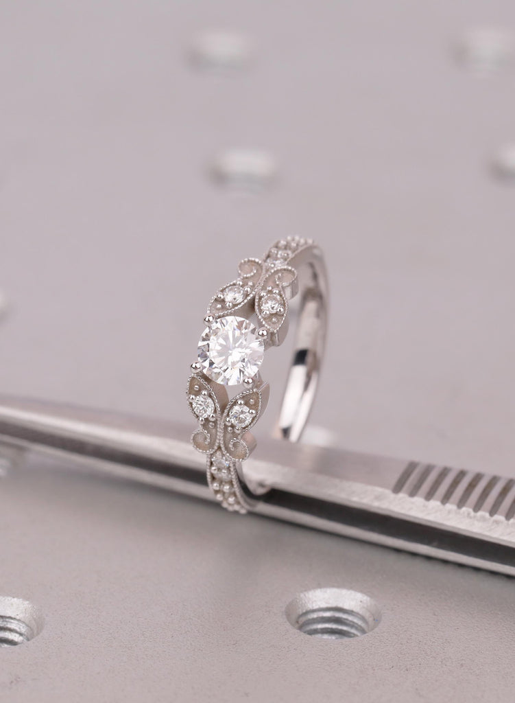 Vintage Butterfly Lab Grown Diamond Engagement Ring Round Art Deco Nature Inspired Milgrain Promise Ring Wedding Anniversary Gift For Her image #1