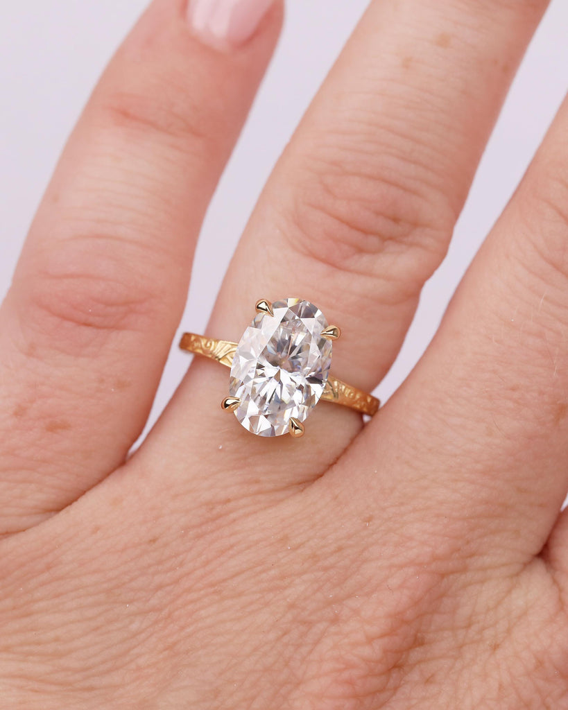 18k Yellow Gold Solitaire Moissanite Ring, Oval Engagement Ring, Filigree Band, Talon Prong Setting image #1