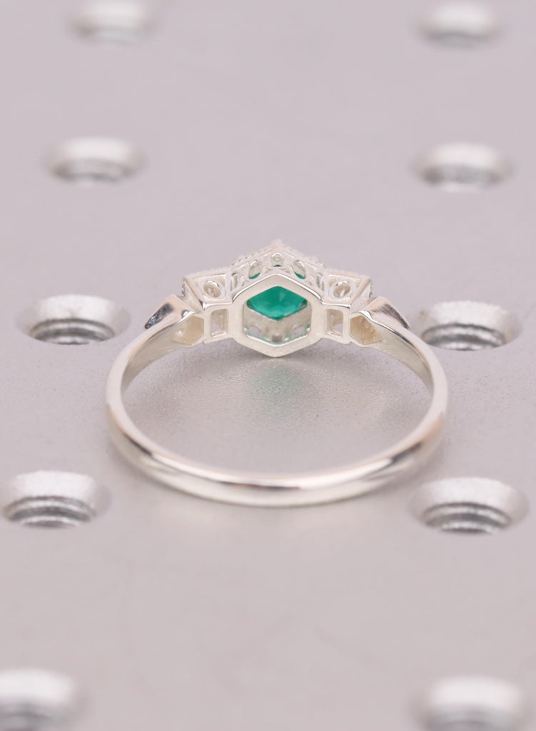 Round Cut Emerald Ring, Silver Engagement Ring, Birthday Gift, Modern Women's Ring, Victorian Style Statement Ring image #8