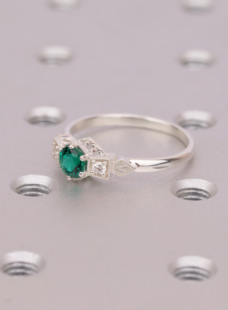 Vintage Emerald Engagement Ring, Unique Antique Wedding Promise Anniversary Ring For Her, Silver Ring Gift, Milgrain Engagement Rings image #6