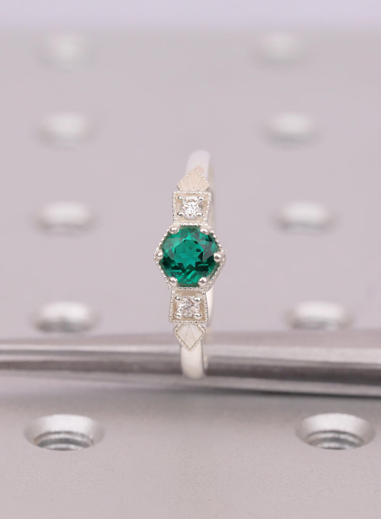Vintage Emerald Engagement Ring, Unique Antique Wedding Promise Anniversary Ring For Her, Silver Ring Gift, Milgrain Engagement Rings image #8