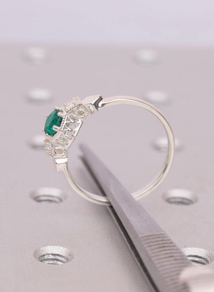 Vintage Emerald Engagement Ring, Unique Antique Wedding Promise Anniversary Ring For Her, Silver Ring Gift, Milgrain Engagement Rings image #7