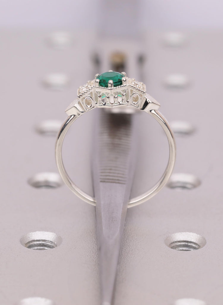 Vintage Emerald Engagement Ring, Unique Antique Wedding Promise Anniversary Ring For Her, Silver Ring Gift, Milgrain Engagement Rings image #9