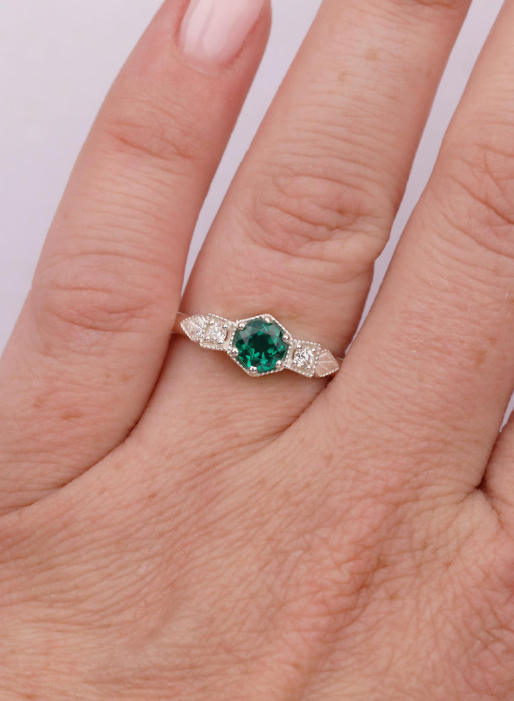 Round Cut Emerald Ring, Silver Engagement Ring, Birthday Gift, Modern Women's Ring, Victorian Style Statement Ring image #1