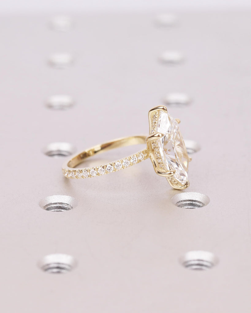 Dutch Marquise Cut Moissanite Engagement Ring | Hidden Halo Ring | Solid 14K Yellow Gold Wedding Ring | 6 Claw Prongs | Half Eternity Band image #5