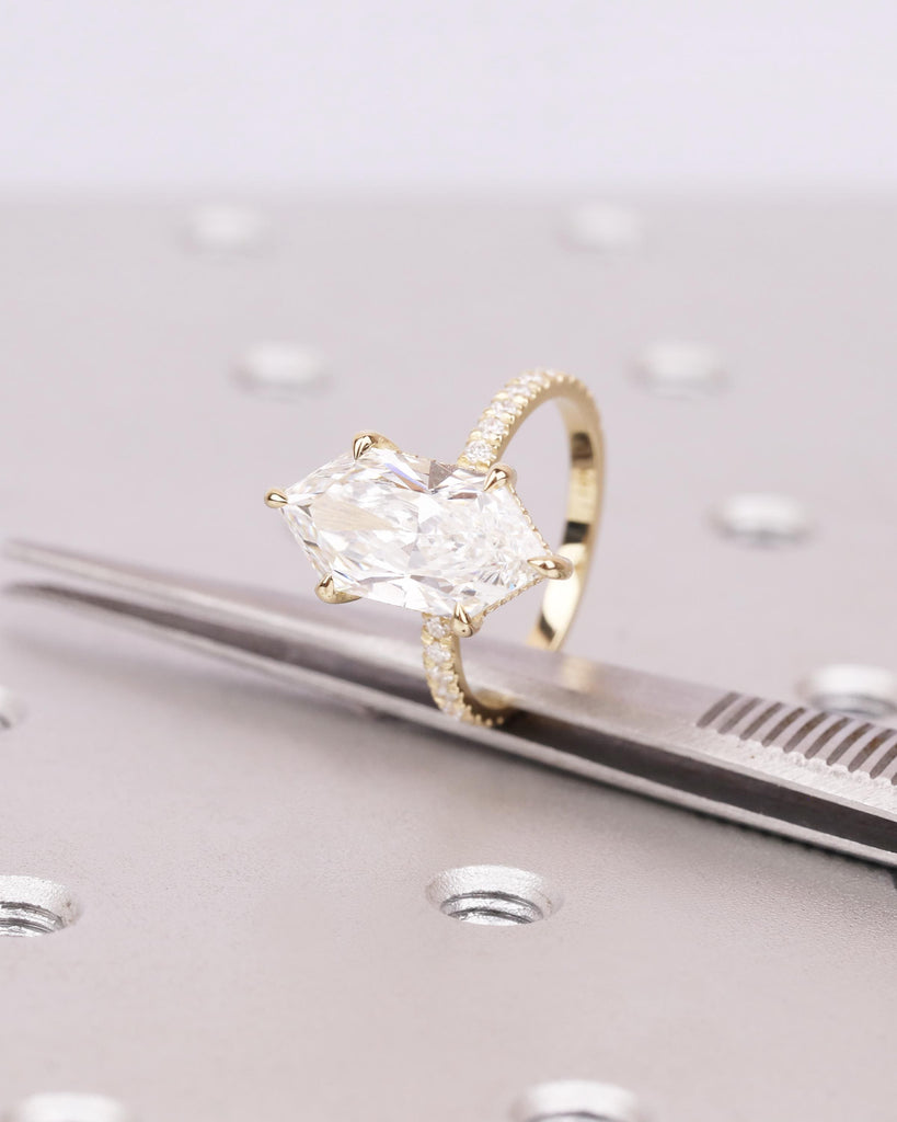 Dutch Marquise Cut Moissanite Engagement Ring | Hidden Halo Ring | Solid 14K Yellow Gold Wedding Ring | 6 Claw Prongs | Half Eternity Band image #12