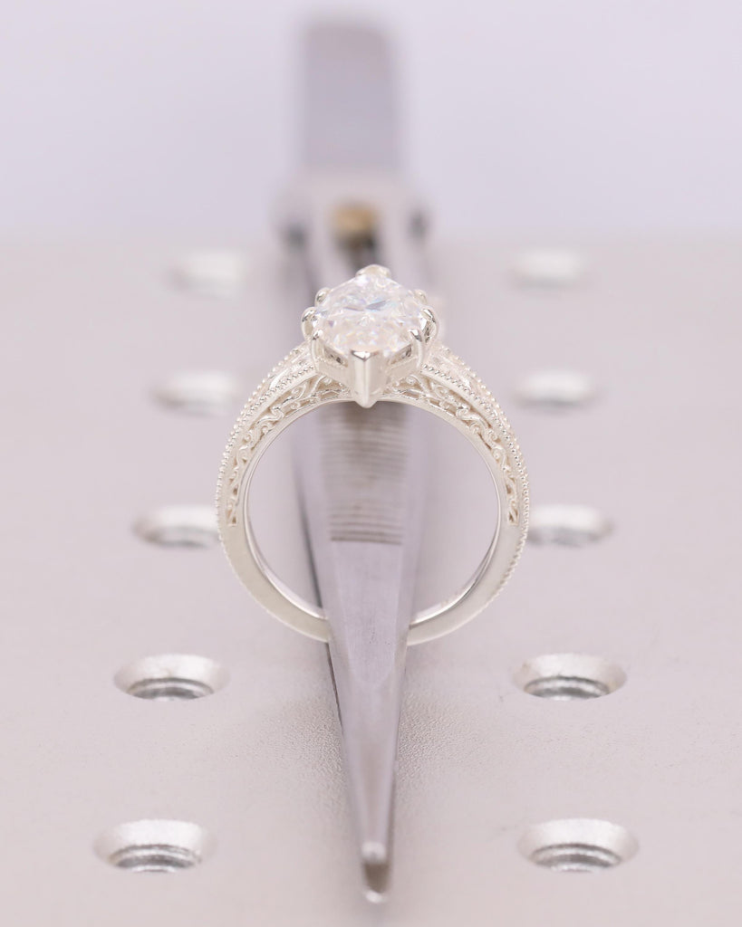 Vintage Lab Diamond Engagement Ring, Filigree 925 Sterling Silver Ring, Antique Jewelry image #7