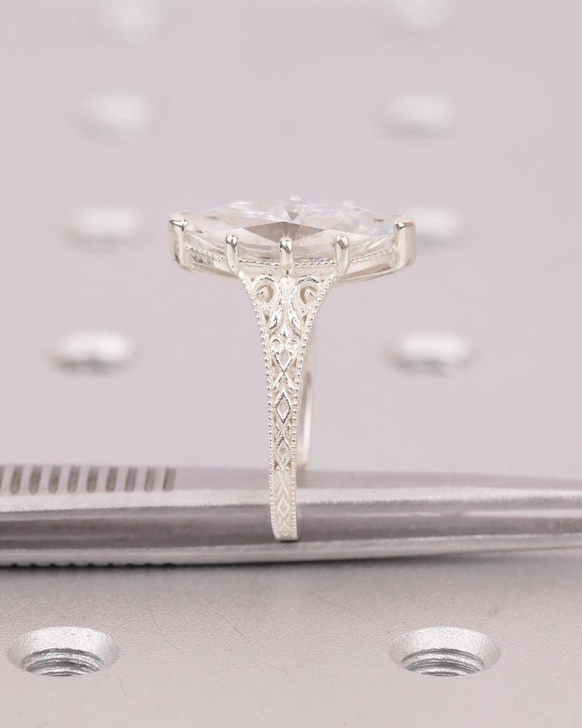 Vintage Lab Diamond Engagement Ring, Filigree 925 Sterling Silver Ring, Antique Jewelry image #5