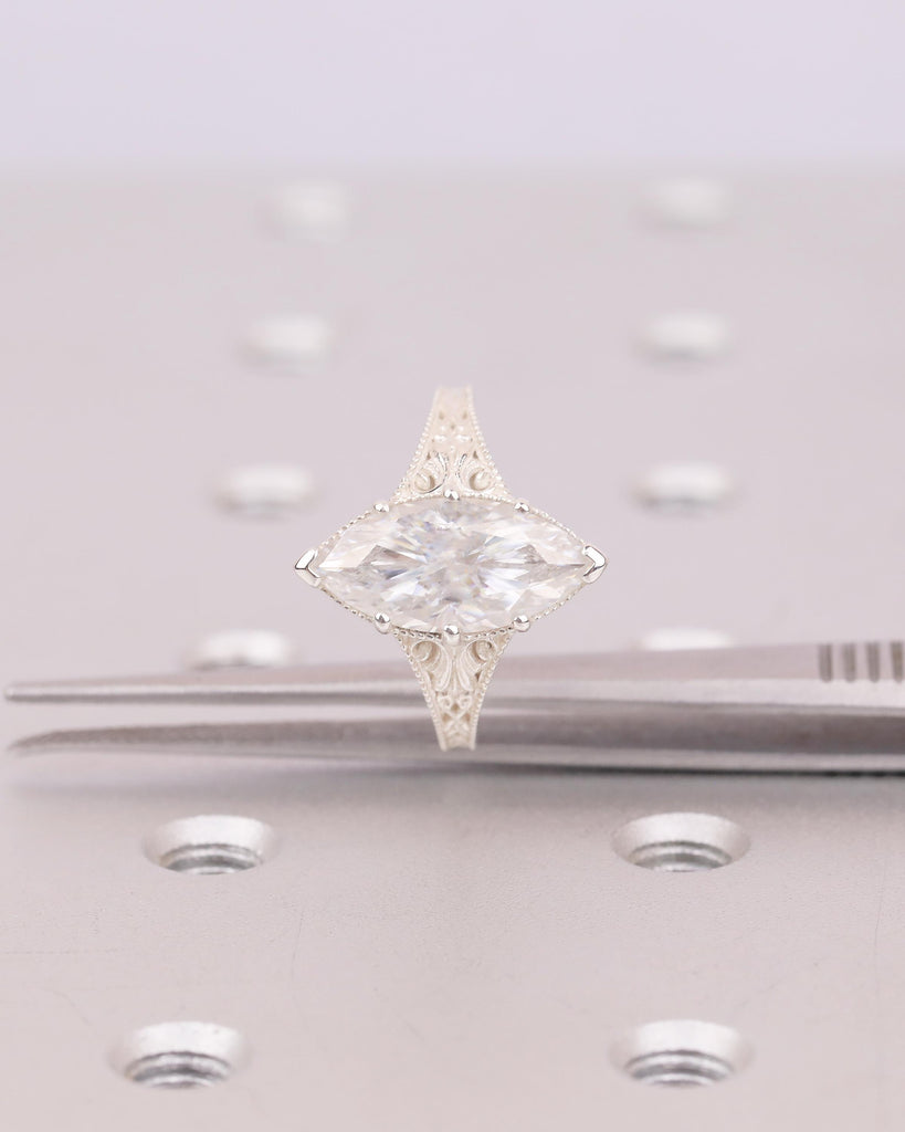 Vintage Lab Diamond Engagement Ring, Filigree 925 Sterling Silver Ring, Antique Jewelry image #8