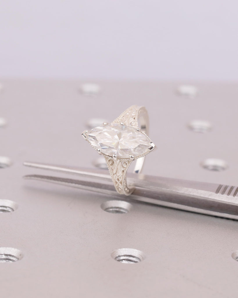 Vintage Lab Diamond Engagement Ring, Filigree 925 Sterling Silver Ring, Antique Jewelry image #3