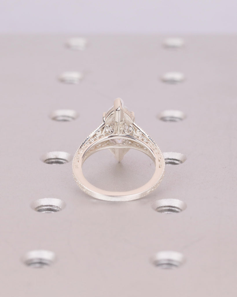 Vintage Lab Diamond Engagement Ring, Filigree 925 Sterling Silver Ring, Antique Jewelry image #6