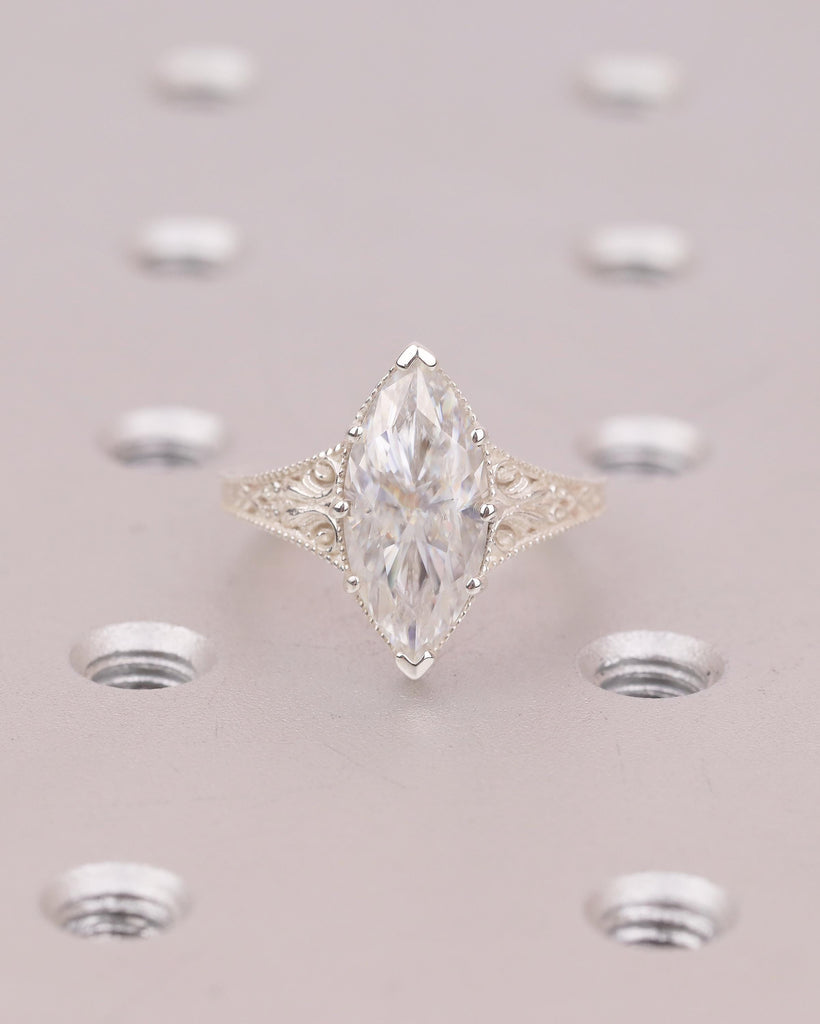 Vintage Inspired Engagement Ring, Lab Grown Diamond Marquise Ring, Filigree Sterling Silver Statement Rings, Wedding Anniversary Jewelry image #3
