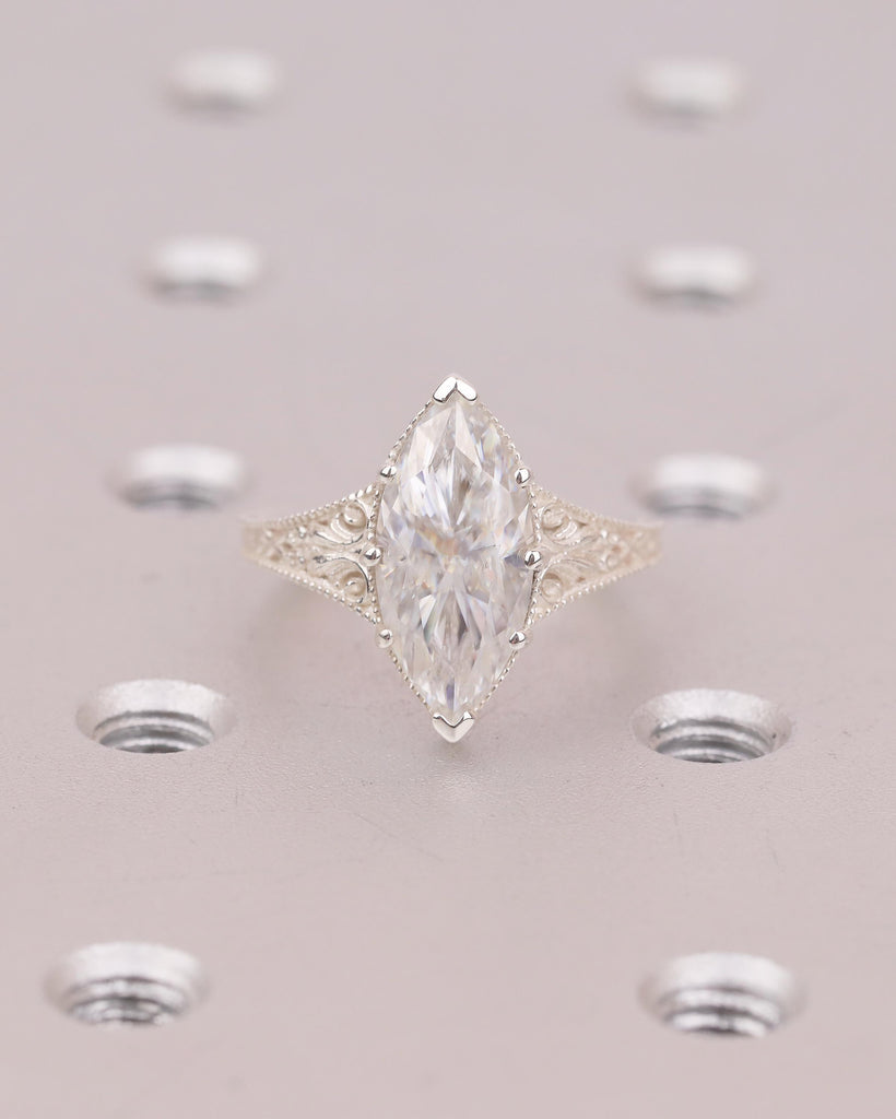 Vintage Lab Diamond Engagement Ring, Filigree 925 Sterling Silver Ring, Antique Jewelry image #2