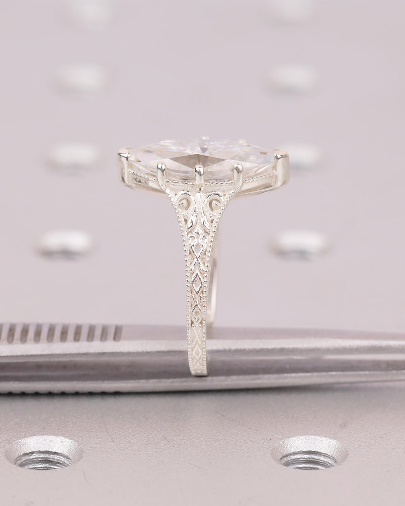 Marquise Moissanite Engagement Ring, Scrollwork 925 Silver Ring, Heirloom Jewelry image #5