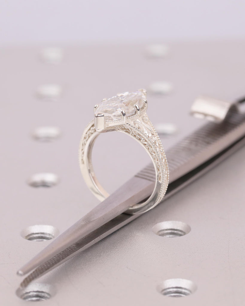 Moissanite Sterling Silver Solitaire Ring, Marquise Engagement Rings for Women, Vintage Style Personalized Ring, Antique Filigree Jewelry image #17