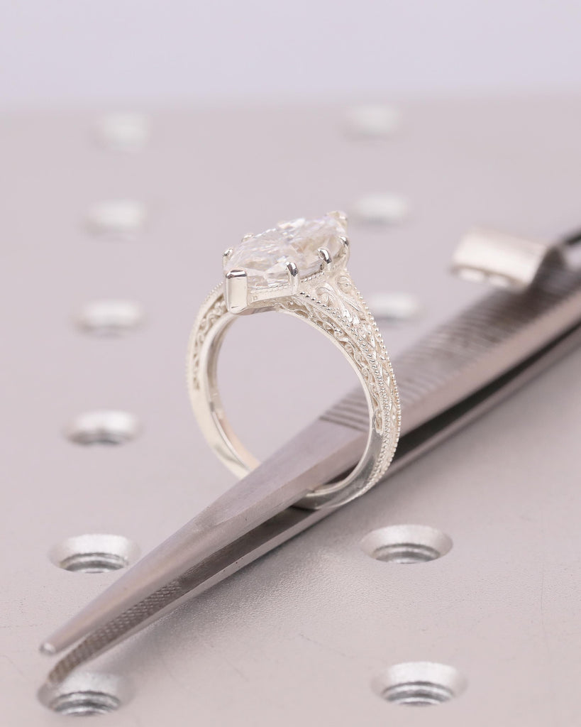 Marquise Moissanite Engagement Ring, Scrollwork 925 Silver Ring, Heirloom Jewelry image #17