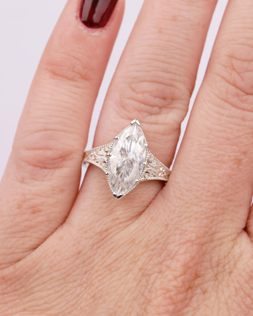 Marquise Moissanite Engagement Ring, Scrollwork 925 Silver Ring, Heirloom Jewelry image #14