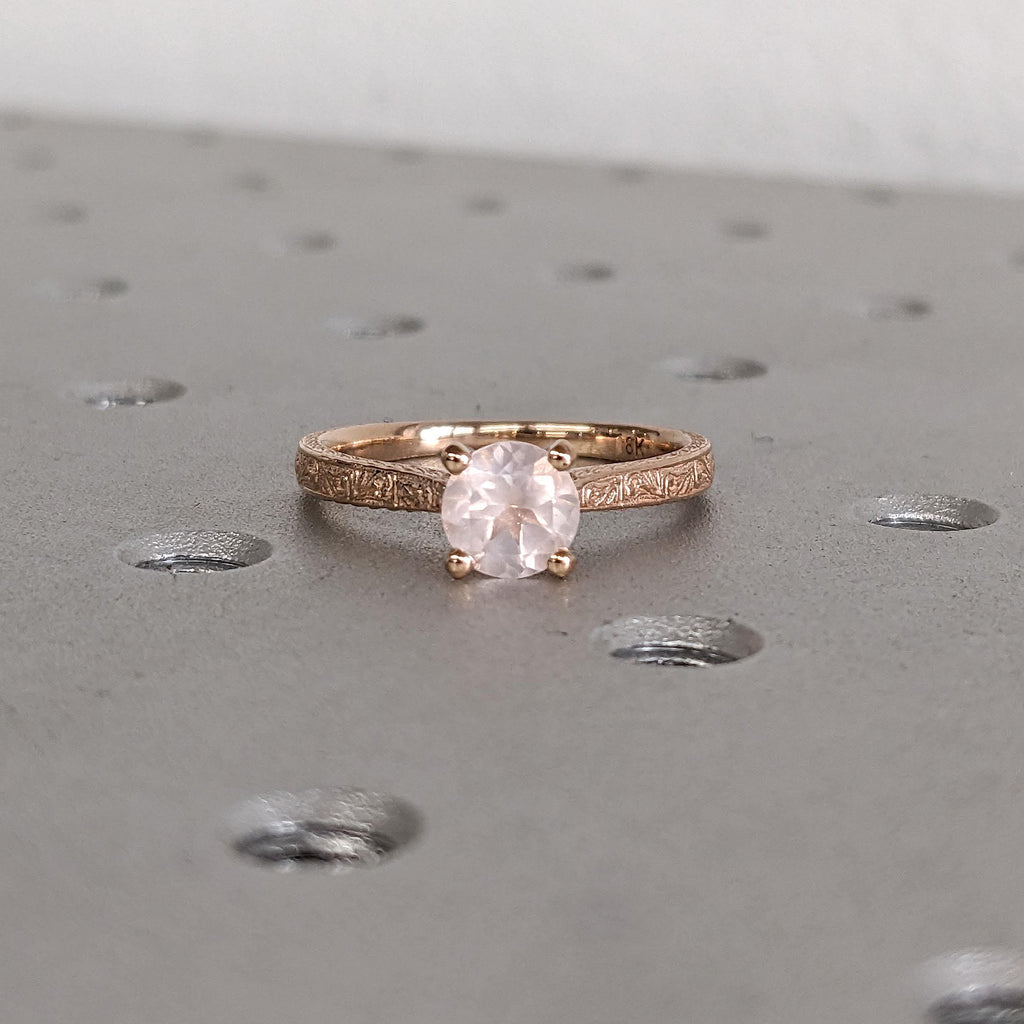 Light Pink Rose Quartz Gemstone Engagement Rings for Women | 18K Rose Gold Filigree Wedding Band | Vintage Bridal Jewelry image #3
