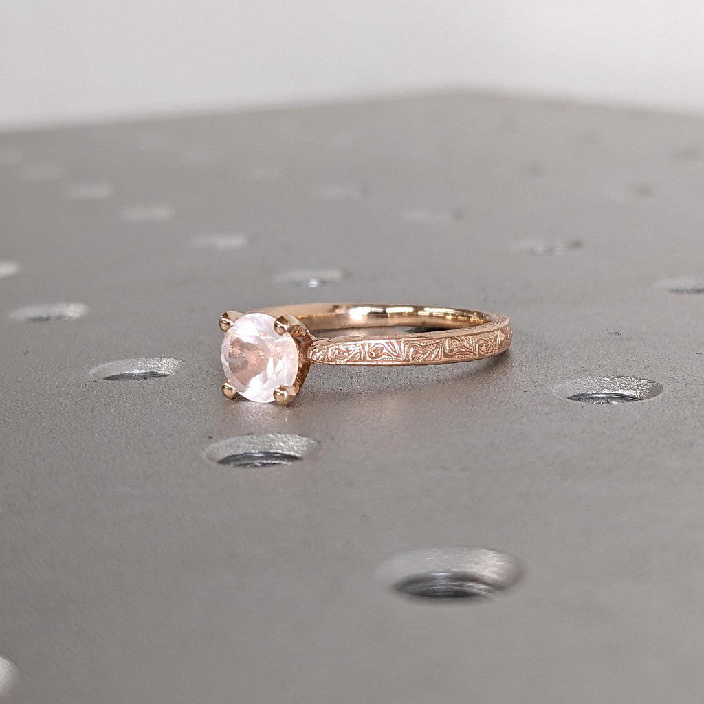 Light Pink Rose Quartz Gemstone Engagement Rings for Women | 18K Rose Gold Filigree Wedding Band | Vintage Bridal Jewelry image #4