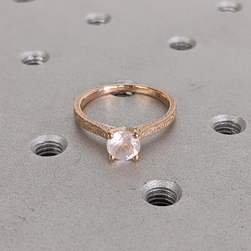 Rose Quartz Solitaire Art Deco Promise Ring | Round Pink Gemstone Antique Gold Jewelry | Anniversary Gift for Her image #3