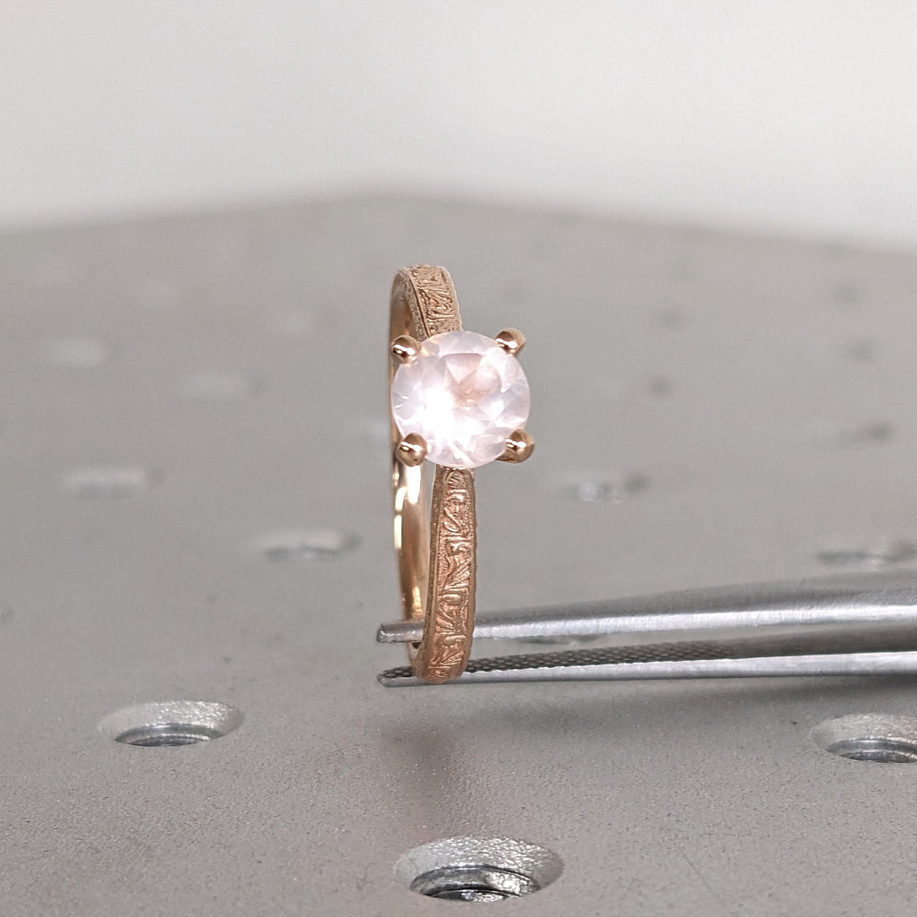 Light Pink Rose Quartz Gemstone Engagement Rings for Women | 18K Rose Gold Filigree Wedding Band | Vintage Bridal Jewelry image #6