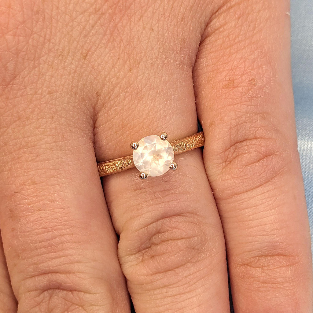 Rose Quartz Solitaire Art Deco Promise Ring | Round Pink Gemstone Antique Gold Jewelry | Anniversary Gift for Her image #7