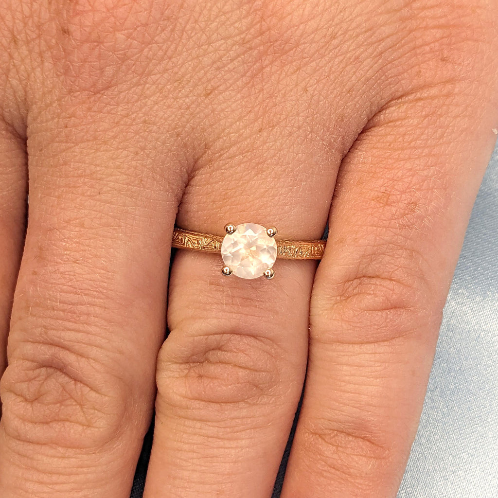 Light Pink Rose Quartz Gemstone Engagement Rings for Women | 18K Rose Gold Filigree Wedding Band | Vintage Bridal Jewelry image #12