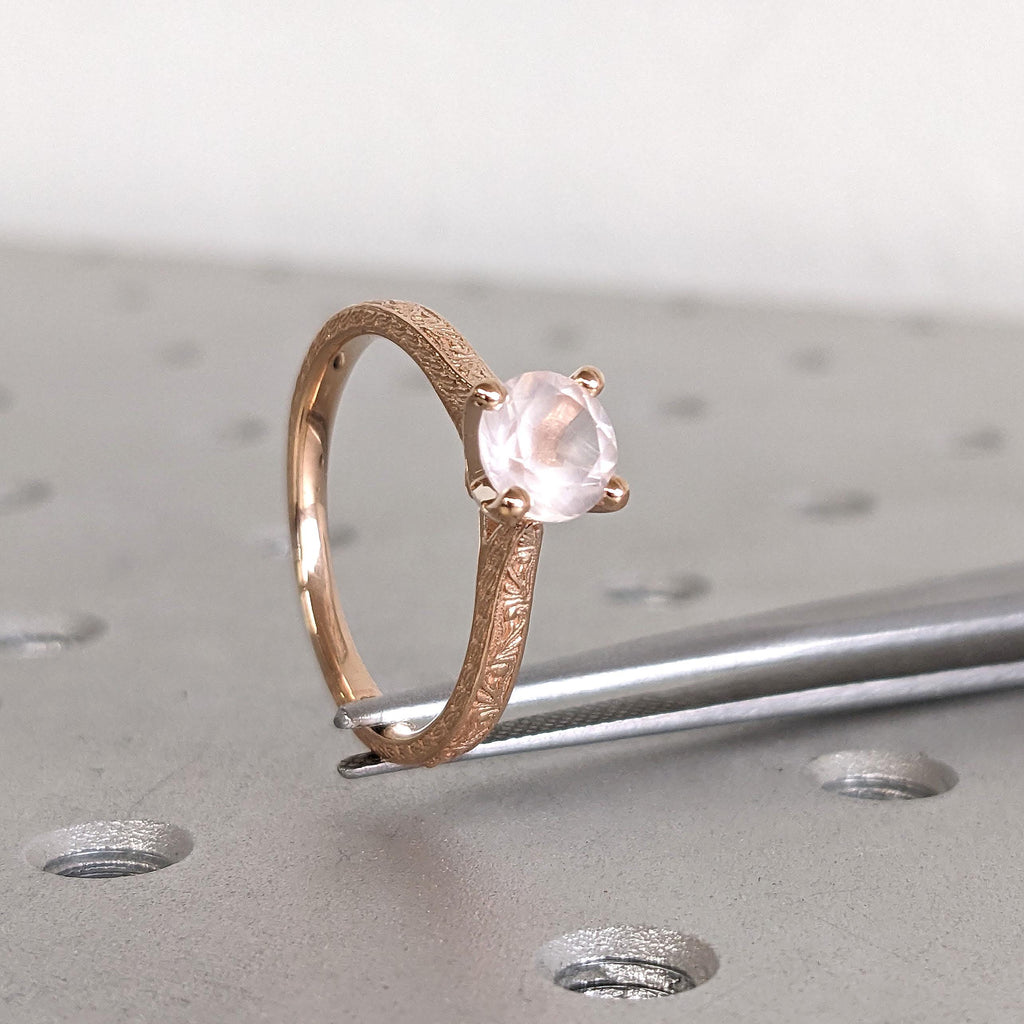 Rose Quartz Solitaire Art Deco Promise Ring | Round Pink Gemstone Antique Gold Jewelry | Anniversary Gift for Her image #4