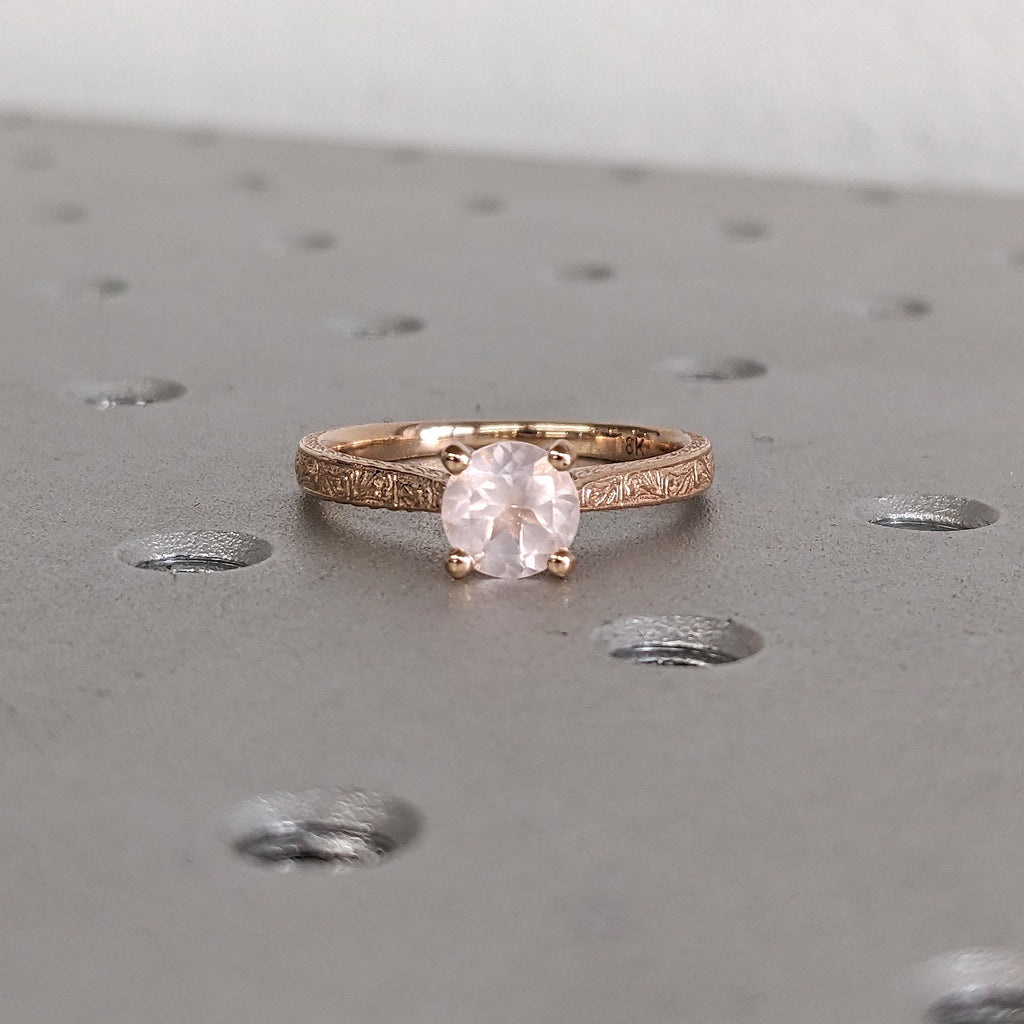 Rose Quartz Solitaire Art Deco Promise Ring | Round Pink Gemstone Antique Gold Jewelry | Anniversary Gift for Her
