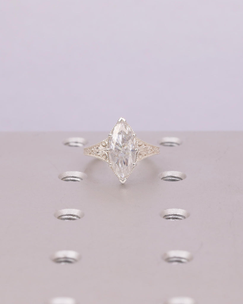 Marquise Moissanite Engagement Ring, Scrollwork 925 Silver Ring, Heirloom Jewelry image #2