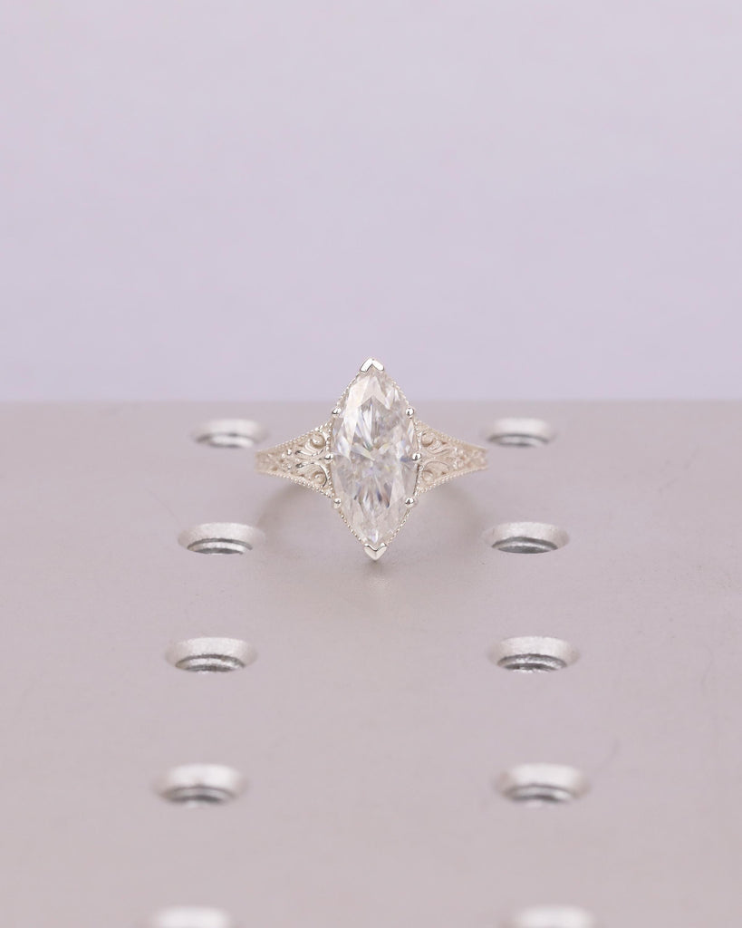 Moissanite Sterling Silver Solitaire Ring, Marquise Engagement Rings for Women, Vintage Style Personalized Ring, Antique Filigree Jewelry image #1