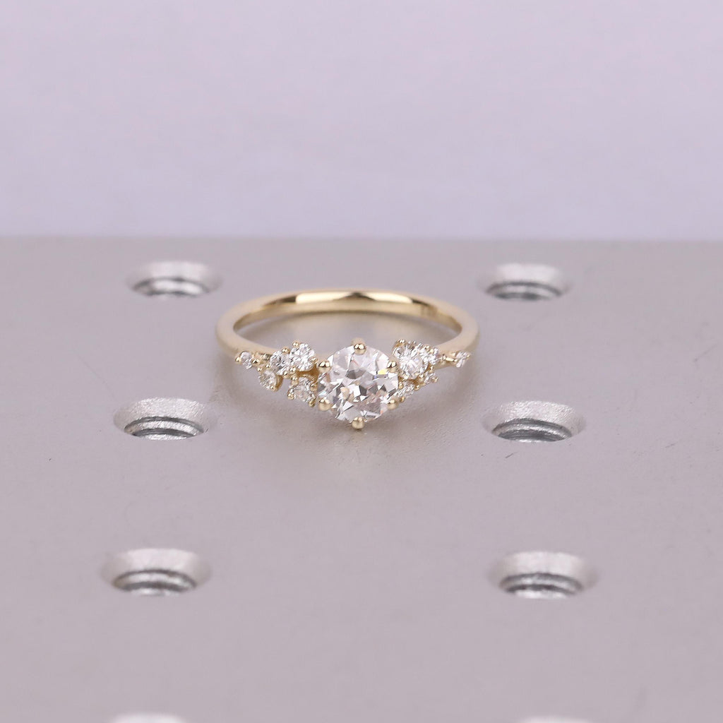 Old Miner cut Lab Diamond Vintage Engagement Ring | 14K Yellow Gold Snowdrift Diamond Cluster Wedding Ring Anniversary Gift for Her image #1
