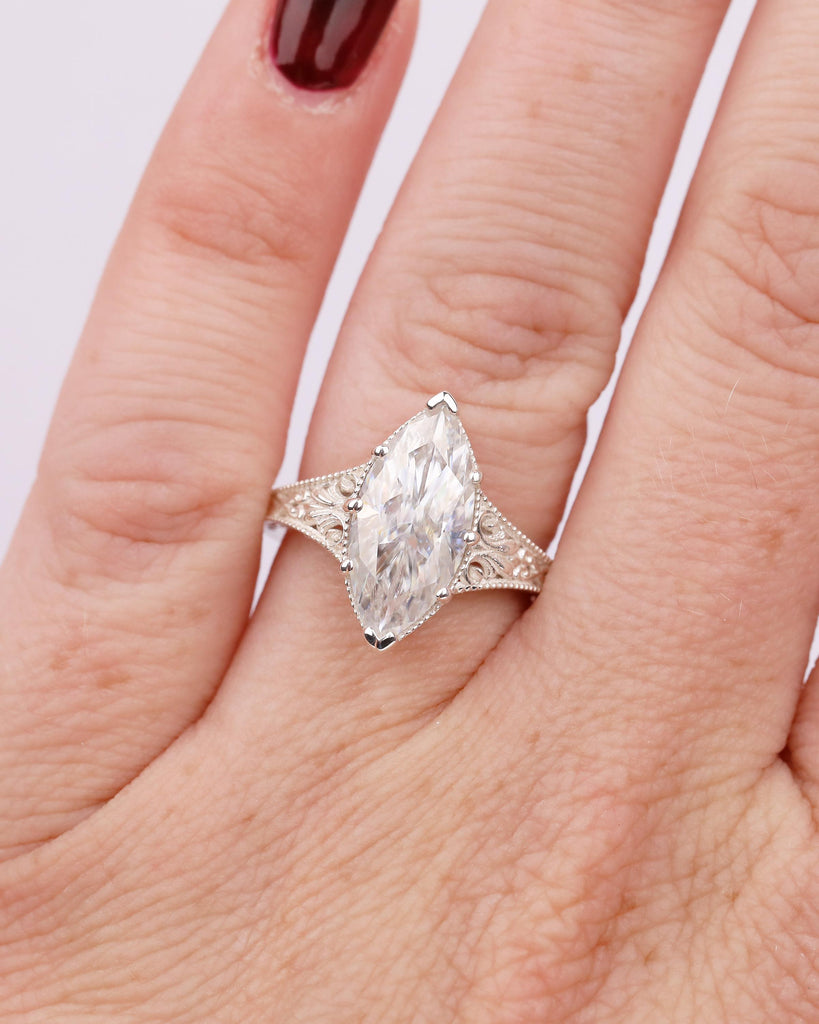 Marquise Moissanite Engagement Ring, Scrollwork 925 Silver Ring, Heirloom Jewelry image #1