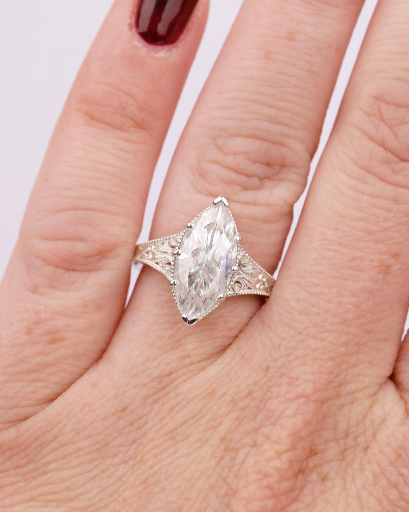 Marquise Cut Lab Created Diamond Engagement Ring, Vintage Sterling Silver Ring, Scrollwork Band image #1