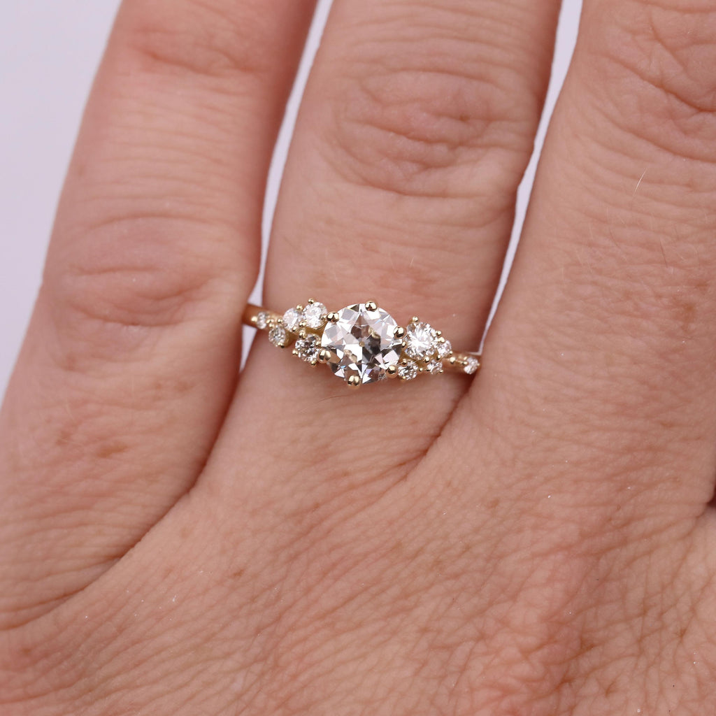 Round Old Miner cut Moissanite Vintage Gold Promise Rings for Women | Art Deco Lab Diamond Snowdrift Ring Anniversary Gift image #7