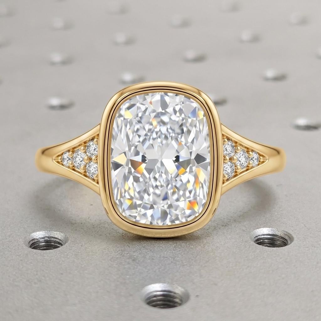 Elongated Cushion Lab Diamond Engagement Ring, 14K Yellow Gold, Bezel Setting Solitaire Style Wedding Ring image #4