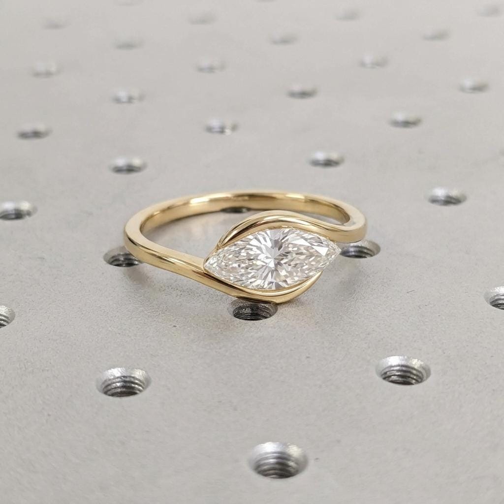 East West Marquise Cut Lab Diamond Engagement Ring, Bypass 14k Solid Gold Ring image #3