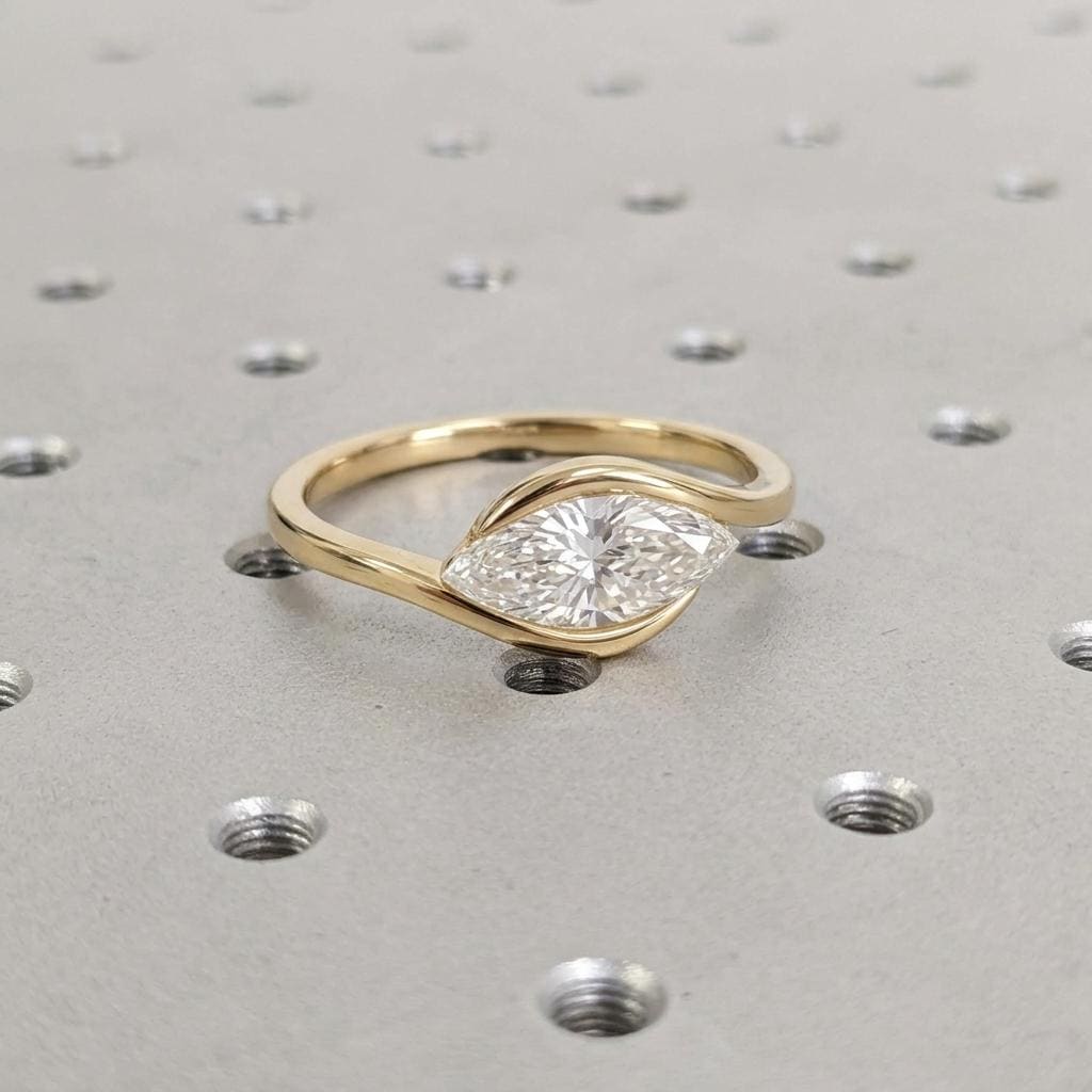 Minimalist Lab Made Diamond Marquise Ring, Bypass 14k Yellow Gold Promise Ring, IGI Certified Engagement Rings for Women, Half Bezel Setting image #3