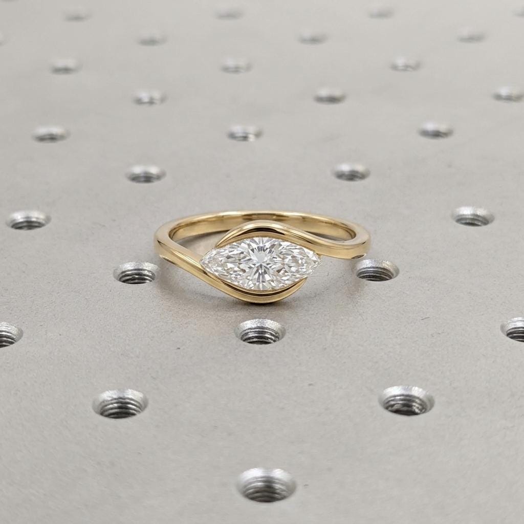14k Yellow Gold Marquise Moissanite Bypass Ring, Solitaire Engagement Ring, East West Setting image #3